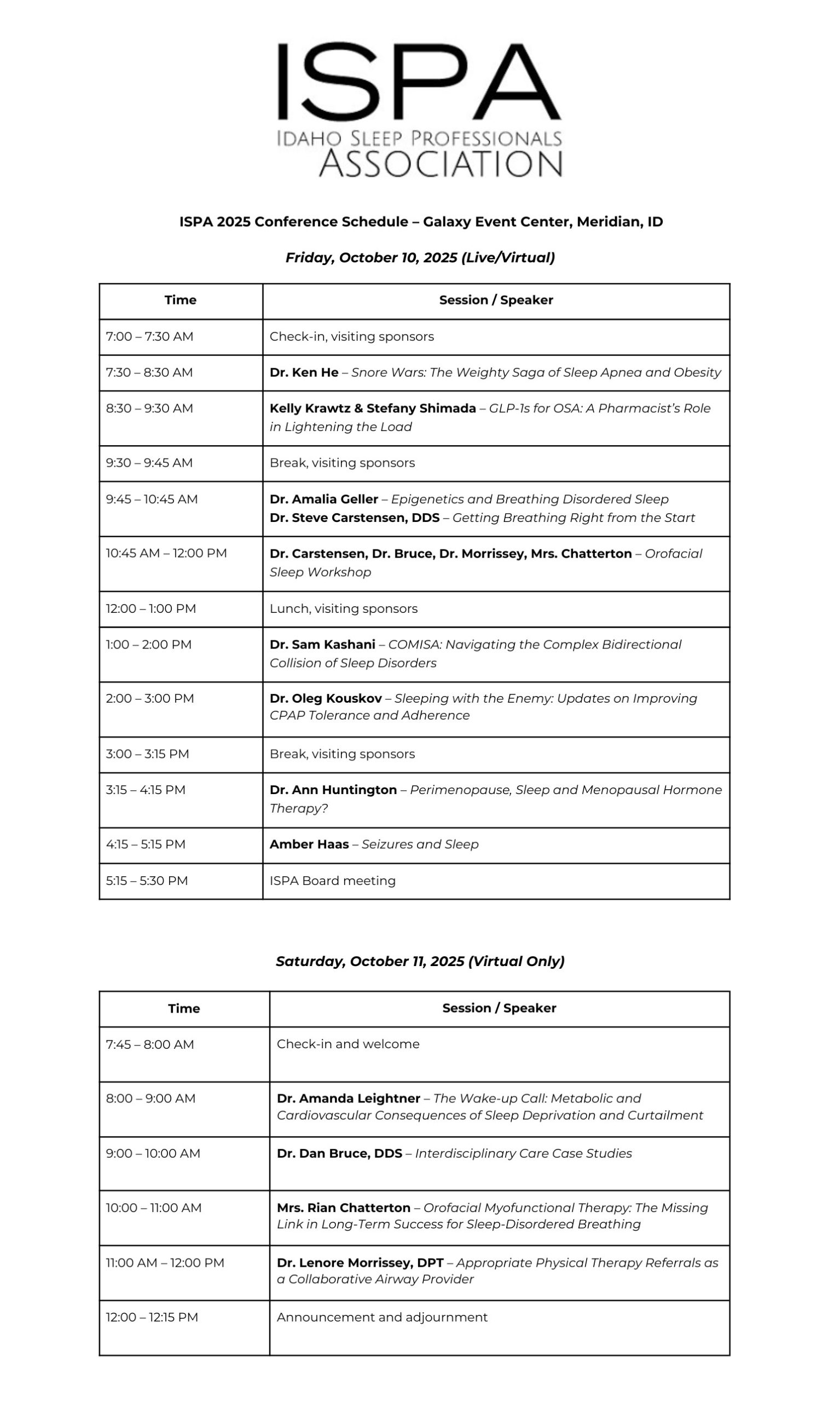 ISPA Speaker Schedule